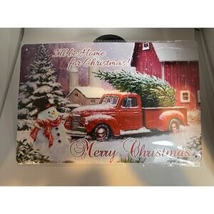 NWT I'll Be Home For Christmas Merry Christmas Red Truck Sign Tin Wall Decor‎